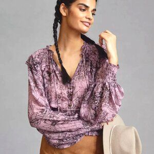 Anthropologie Woodland Print Dusty Purple Elastic Waist Peasant Top, Size Small